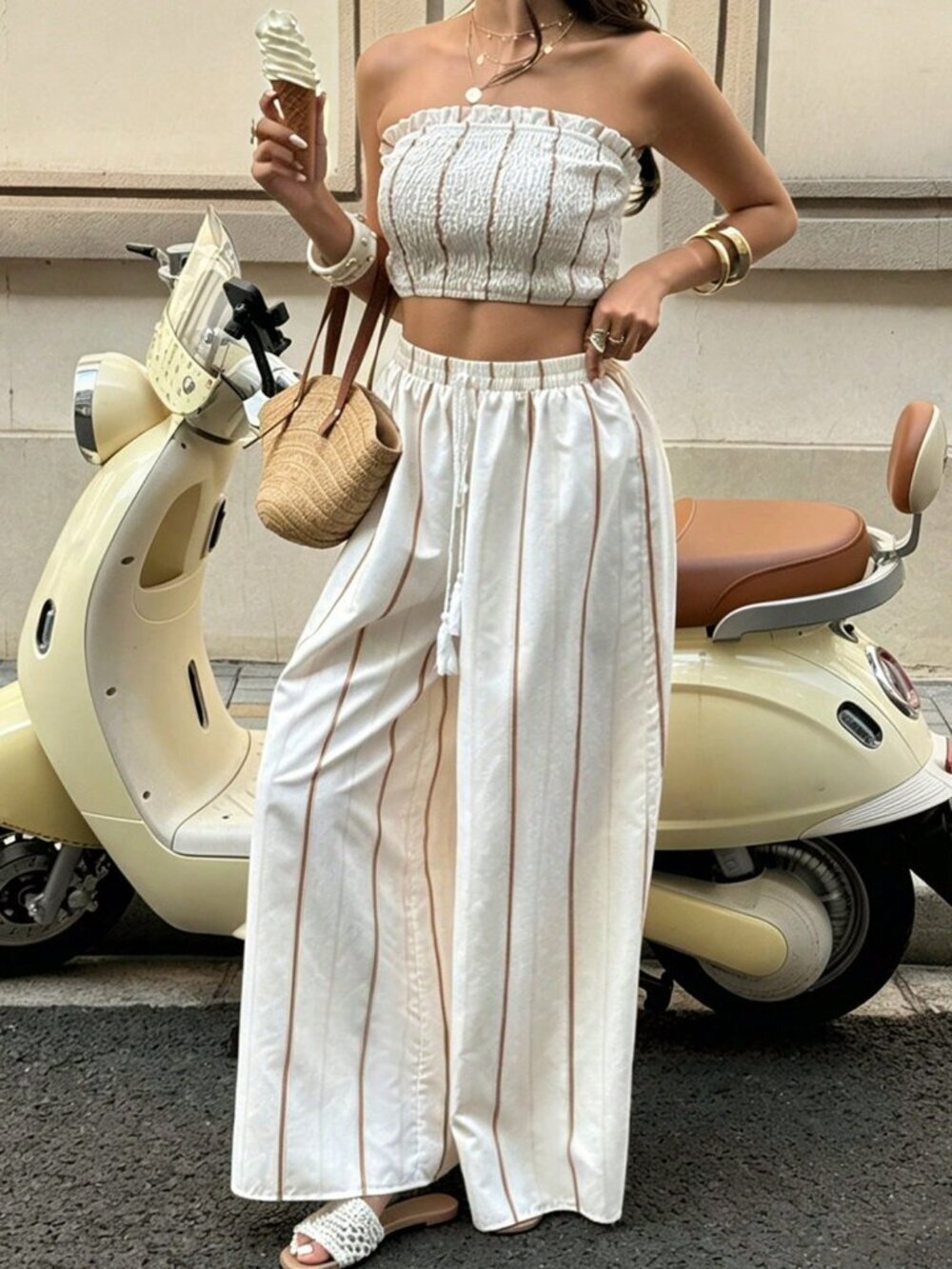 Apricot Boho Women's Contrast Stripe Bandeau Top with Fringe Wide Leg Pants Set - Picture 9 of 9